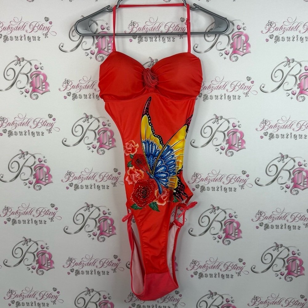 Bodysuit open cut out sides, rhinestone crystal jewels, Red Butterfly One Piece